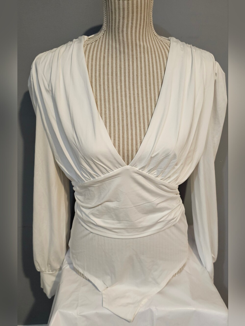 White Deep V-Neck Draped Bodysuit